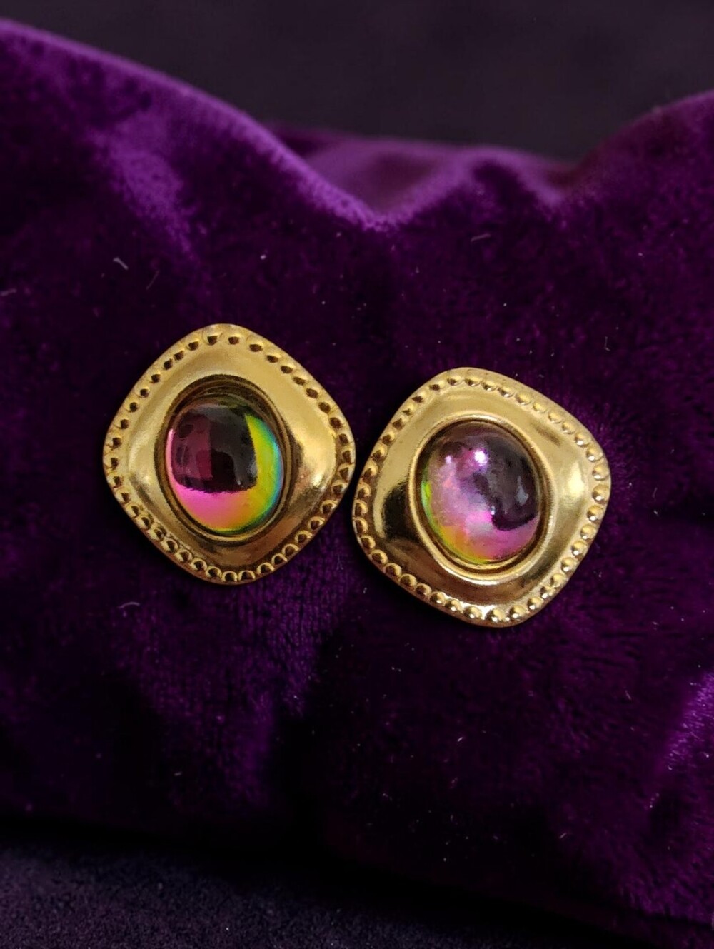 Vintage Gold Tone Iridescent Rainbow Cabochon Statement Stud Earrings